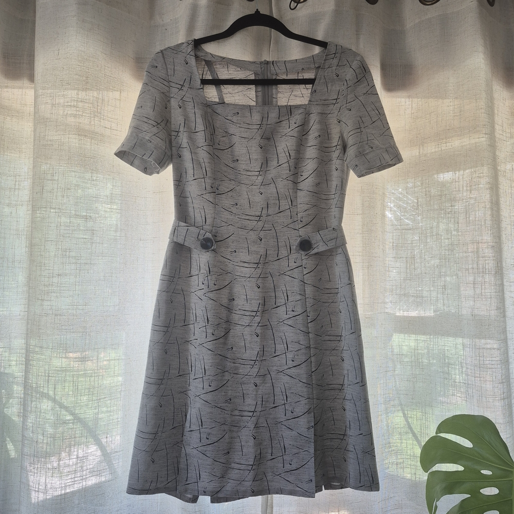 Vintage Gray A-line Mini Dress Square Neck Short Sleeve